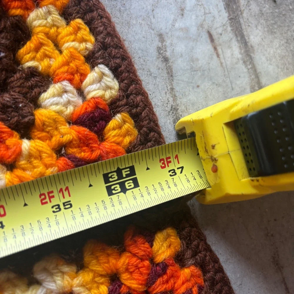 Vintage Handmade Crochet Granny Square Afghan Blanket Brown Orange Yellow 66x37